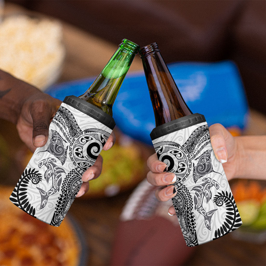 Aotearoa Maori Sea Animals Tribal 4 in 1 Can Cooler Tumbler Manta Ray and Shark Moko Pattern White Color LT03 - Polynesian Pride