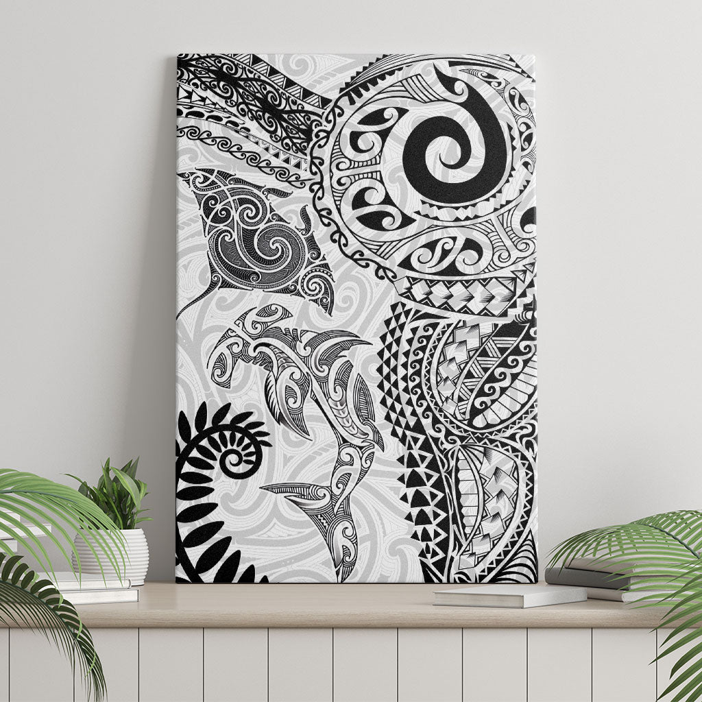 Aotearoa Maori Sea Animals Tribal Canvas Wall Art Manta Ray and Shark Moko Pattern White Color