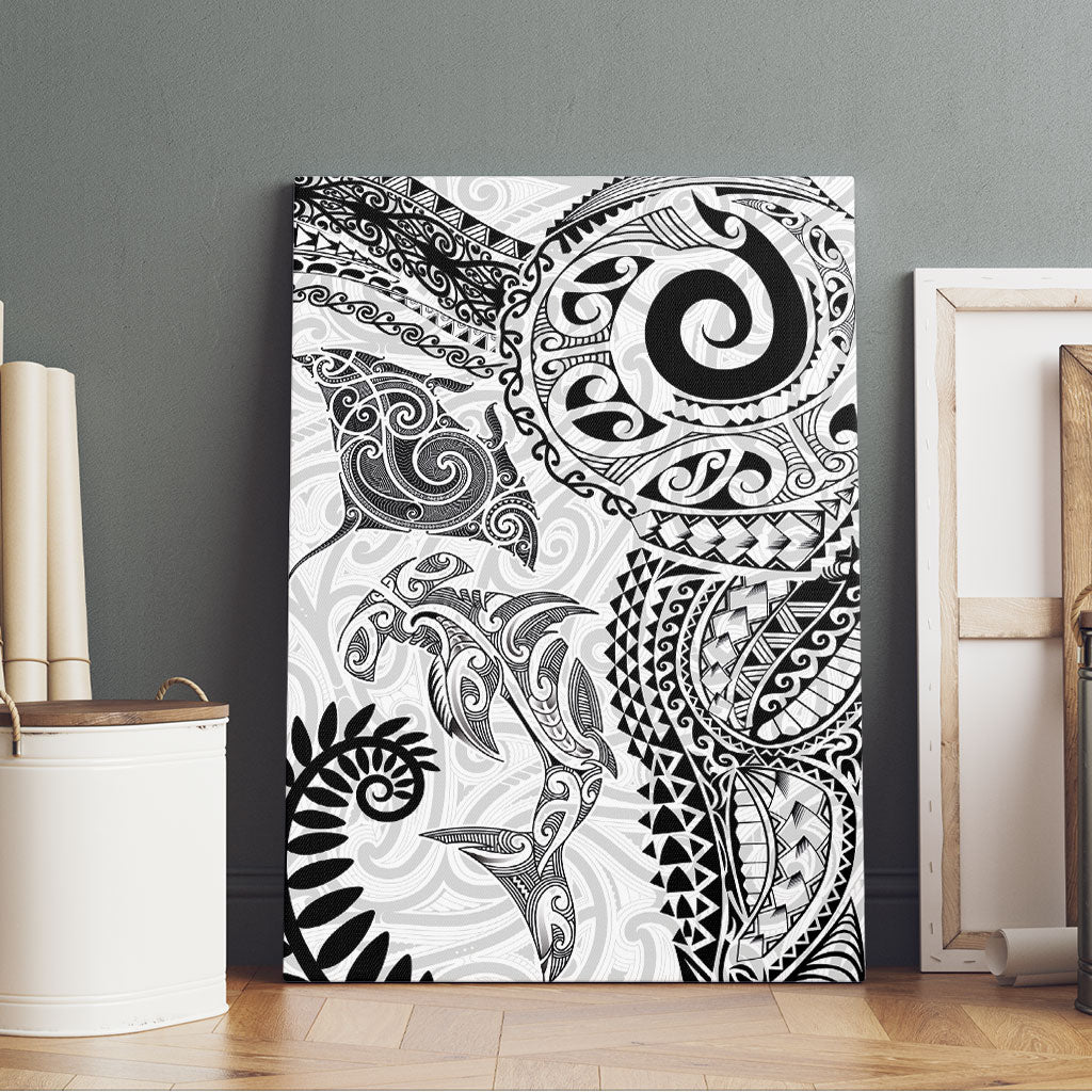 Aotearoa Maori Sea Animals Tribal Canvas Wall Art Manta Ray and Shark Moko Pattern White Color