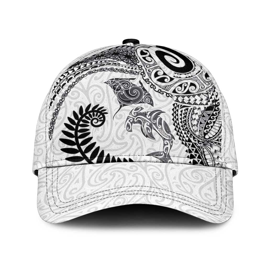 Aotearoa Maori Sea Animals Tribal Classic Cap Manta Ray and Shark Moko Pattern White Color LT03 Universal Fit White - Polynesian Pride