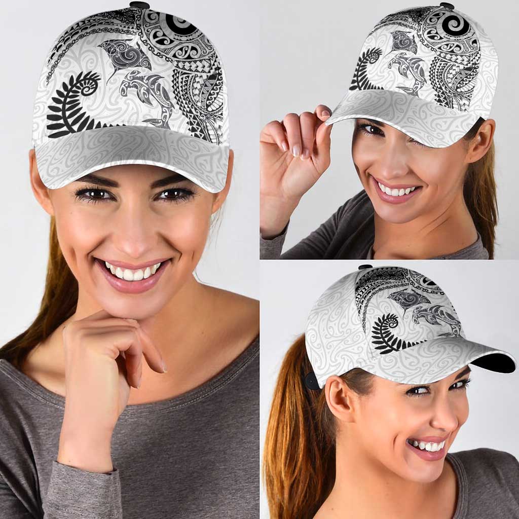 Aotearoa Maori Sea Animals Tribal Classic Cap Manta Ray and Shark Moko Pattern White Color LT03 - Polynesian Pride