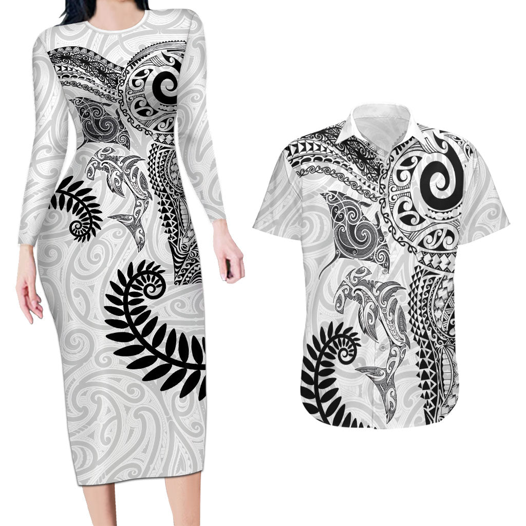Aotearoa Maori Sea Animals Tribal Couples Matching Long Sleeve Bodycon Dress and Hawaiian Shirt Manta Ray and Shark Moko Pattern White Color