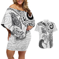 Aotearoa Maori Sea Animals Tribal Couples Matching Off Shoulder Short Dress and Hawaiian Shirt Manta Ray and Shark Moko Pattern White Color LT03 White - Polynesian Pride