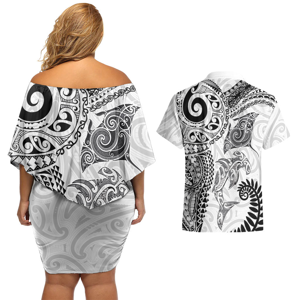 Aotearoa Maori Sea Animals Tribal Couples Matching Off Shoulder Short Dress and Hawaiian Shirt Manta Ray and Shark Moko Pattern White Color LT03 - Polynesian Pride