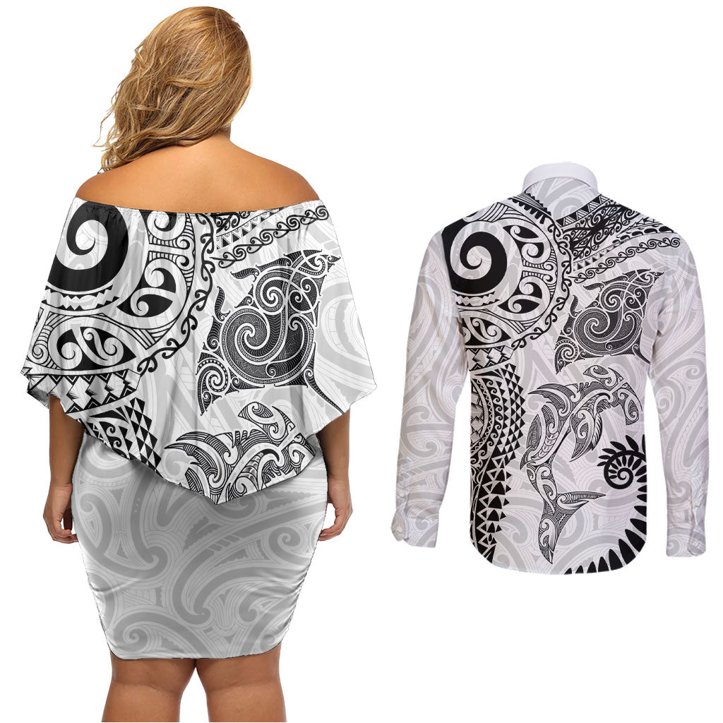 Aotearoa Maori Sea Animals Tribal Couples Matching Off Shoulder Short Dress and Long Sleeve Button Shirt Manta Ray and Shark Moko Pattern White Color LT03 - Polynesian Pride
