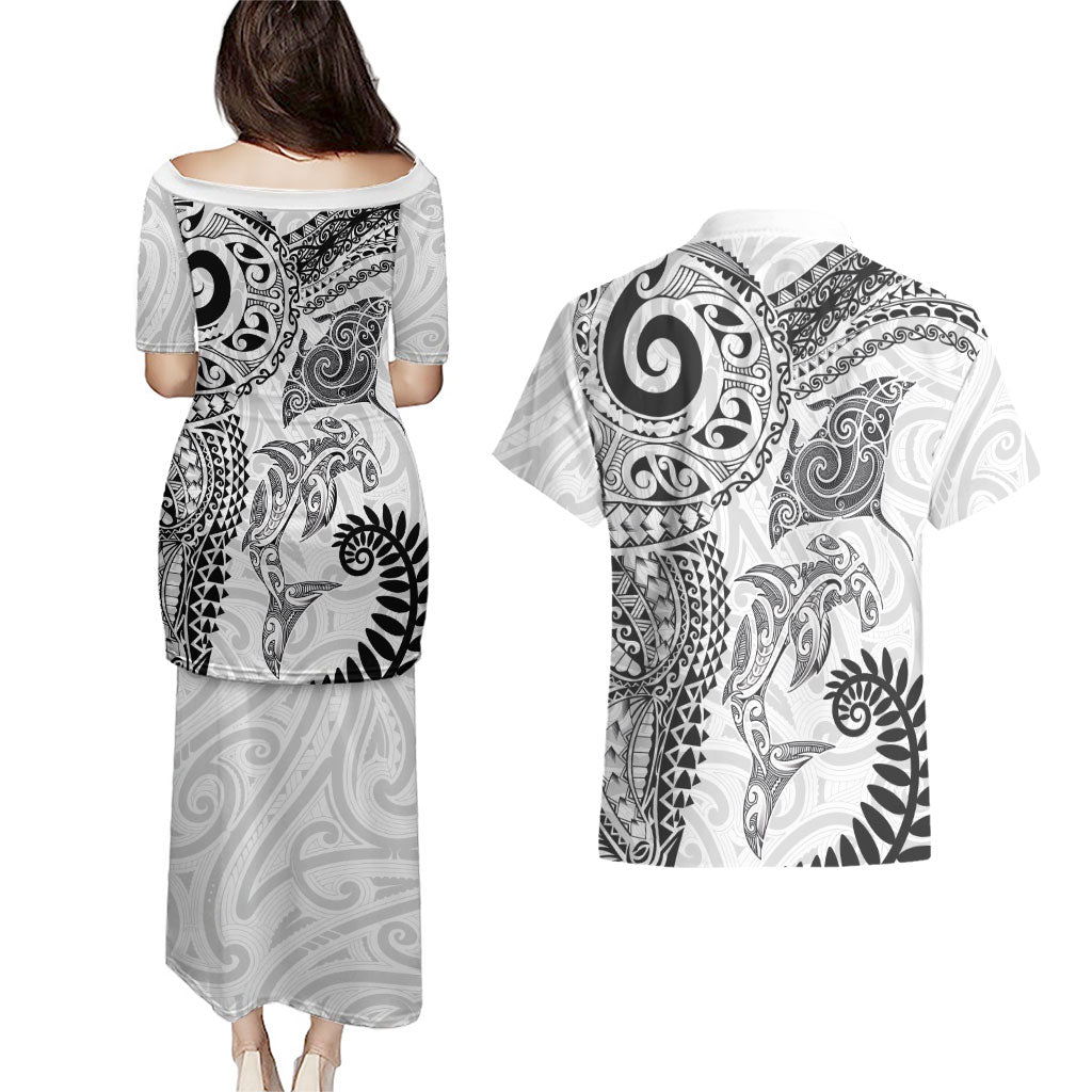 Aotearoa Maori Sea Animals Tribal Couples Matching Puletasi and Hawaiian Shirt Manta Ray and Shark Moko Pattern White Color LT03 - Polynesian Pride