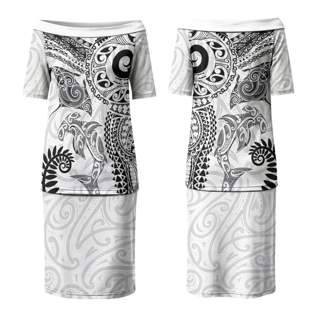 Aotearoa Maori Sea Animals Tribal Couples Matching Puletasi and Hawaiian Shirt Manta Ray and Shark Moko Pattern White Color LT03 - Polynesian Pride