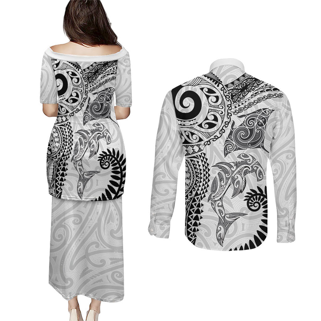 Aotearoa Maori Sea Animals Tribal Couples Matching Puletasi and Long Sleeve Button Shirt Manta Ray and Shark Moko Pattern White Color LT03 - Polynesian Pride