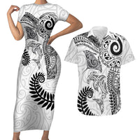 Aotearoa Maori Sea Animals Tribal Couples Matching Short Sleeve Bodycon Dress and Hawaiian Shirt Manta Ray and Shark Moko Pattern White Color LT03 White - Polynesian Pride