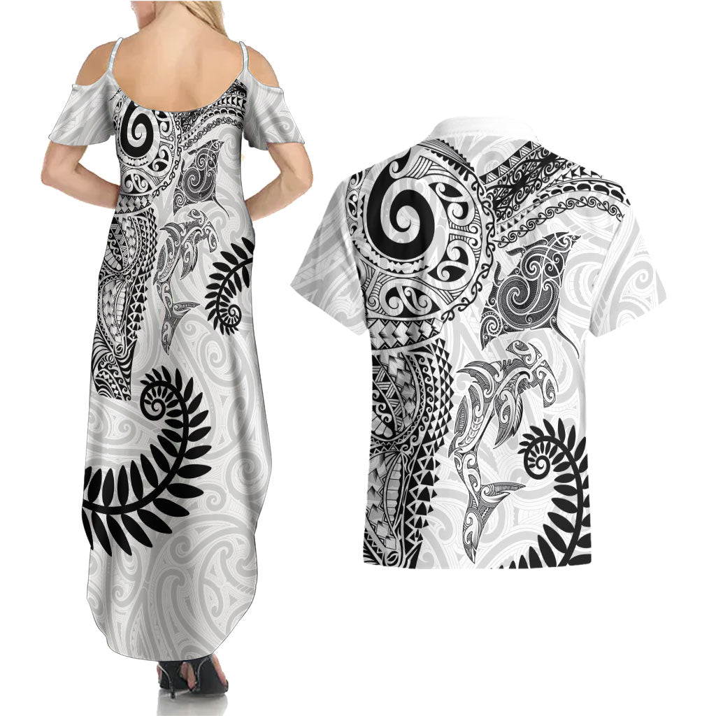 Aotearoa Maori Sea Animals Tribal Couples Matching Summer Maxi Dress and Hawaiian Shirt Manta Ray and Shark Moko Pattern White Color LT03 - Polynesian Pride
