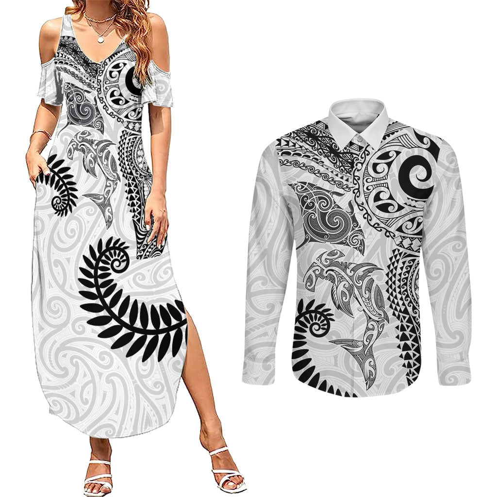 Aotearoa Maori Sea Animals Tribal Couples Matching Summer Maxi Dress and Long Sleeve Button Shirt Manta Ray and Shark Moko Pattern White Color LT03 White - Polynesian Pride