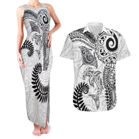 Aotearoa Maori Sea Animals Tribal Couples Matching Tank Maxi Dress and Hawaiian Shirt Manta Ray and Shark Moko Pattern White Color LT03 White - Polynesian Pride