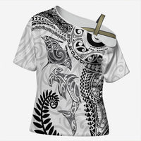 Aotearoa Maori Sea Animals Tribal Cross Shoulder Shirt Manta Ray and Shark Moko Pattern White Color LT03 Female White - Polynesian Pride