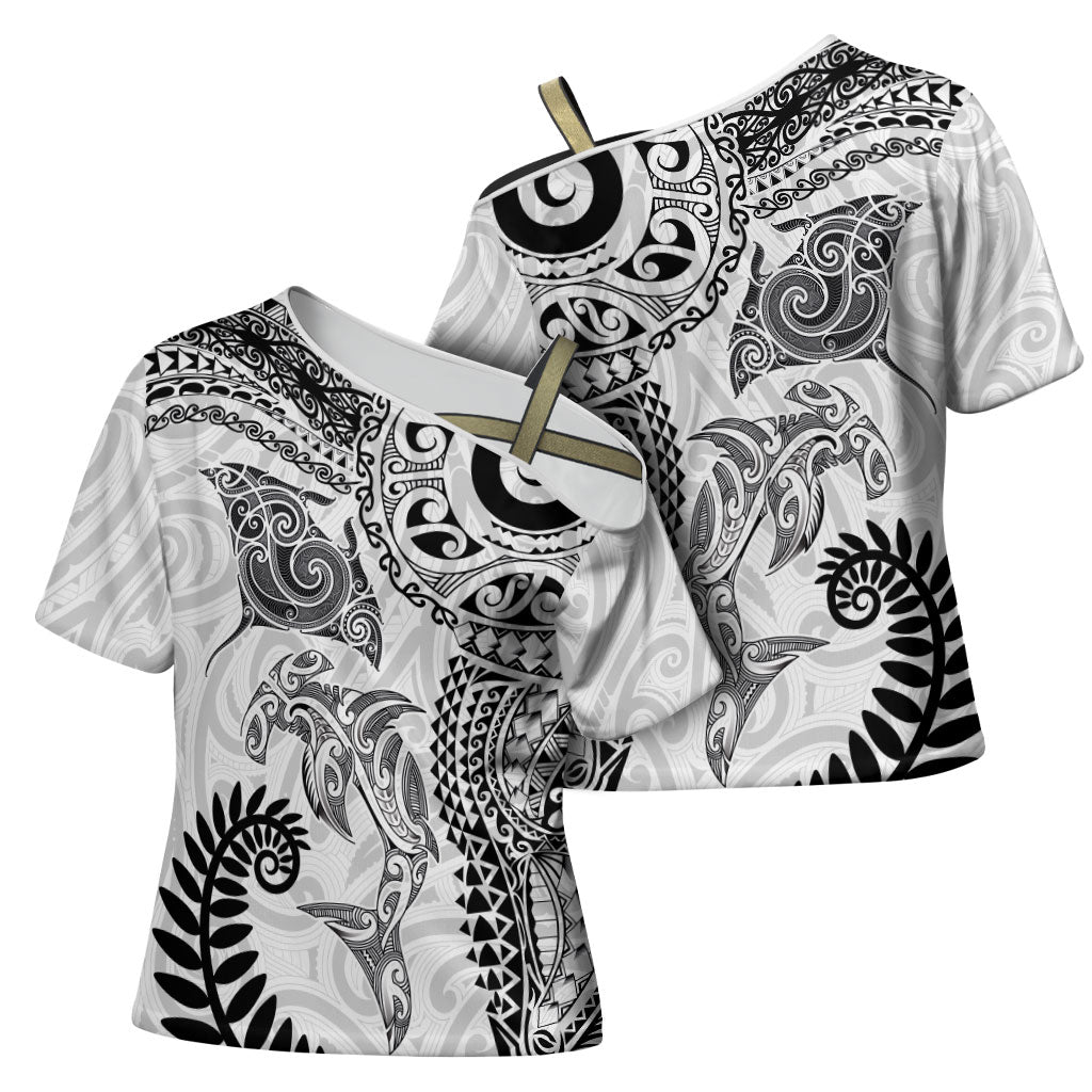 Aotearoa Maori Sea Animals Tribal Cross Shoulder Shirt Manta Ray and Shark Moko Pattern White Color LT03 - Polynesian Pride
