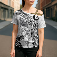 Aotearoa Maori Sea Animals Tribal Cross Shoulder Shirt Manta Ray and Shark Moko Pattern White Color LT03 - Polynesian Pride
