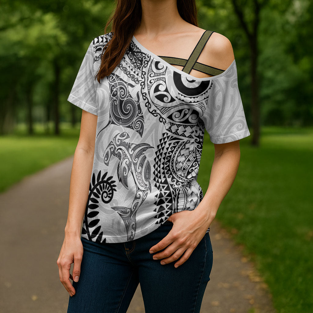 Aotearoa Maori Sea Animals Tribal Cross Shoulder Shirt Manta Ray and Shark Moko Pattern White Color LT03 - Polynesian Pride