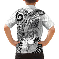 Aotearoa Maori Sea Animals Tribal Family Matching Long Sleeve Bodycon Dress and Hawaiian Shirt Manta Ray and Shark Moko Pattern White Color LT03 - Polynesian Pride