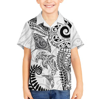 Aotearoa Maori Sea Animals Tribal Family Matching Long Sleeve Bodycon Dress and Hawaiian Shirt Manta Ray and Shark Moko Pattern White Color LT03 Son's Shirt White - Polynesian Pride
