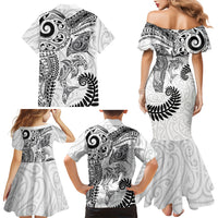 Aotearoa Maori Sea Animals Tribal Family Matching Mermaid Dress and Hawaiian Shirt Manta Ray and Shark Moko Pattern White Color LT03 - Polynesian Pride