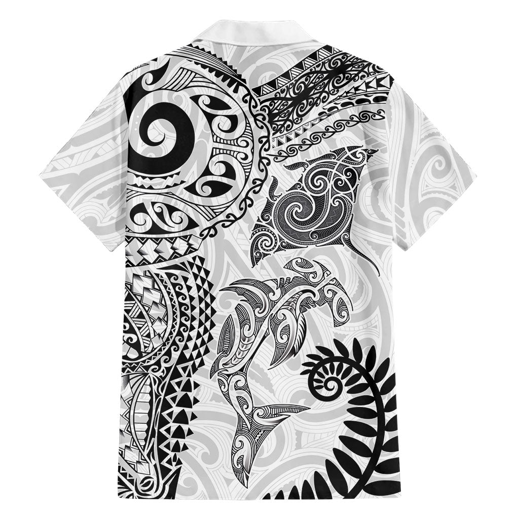 Aotearoa Maori Sea Animals Tribal Family Matching Off The Shoulder Long Sleeve Dress and Hawaiian Shirt Manta Ray and Shark Moko Pattern White Color LT03 - Polynesian Pride
