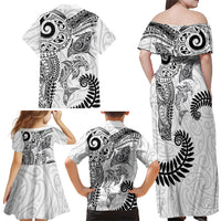 Aotearoa Maori Sea Animals Tribal Family Matching Off Shoulder Maxi Dress and Hawaiian Shirt Manta Ray and Shark Moko Pattern White Color LT03 - Polynesian Pride
