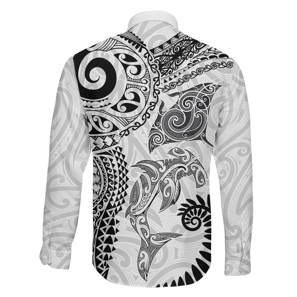 Aotearoa Maori Sea Animals Tribal Family Matching Off Shoulder Maxi Dress and Hawaiian Shirt Manta Ray and Shark Moko Pattern White Color LT03 - Polynesian Pride