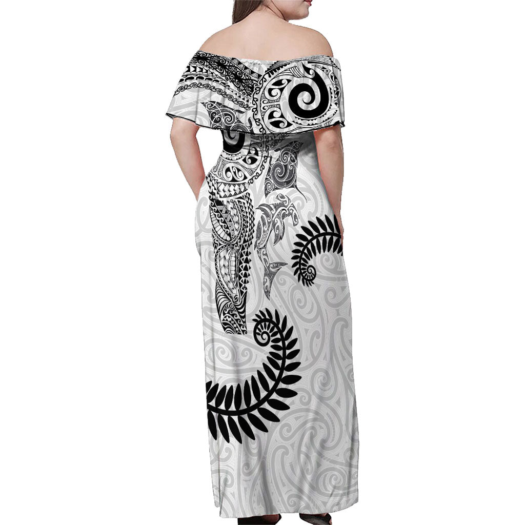 Aotearoa Maori Sea Animals Tribal Family Matching Off Shoulder Maxi Dress and Hawaiian Shirt Manta Ray and Shark Moko Pattern White Color LT03 - Polynesian Pride