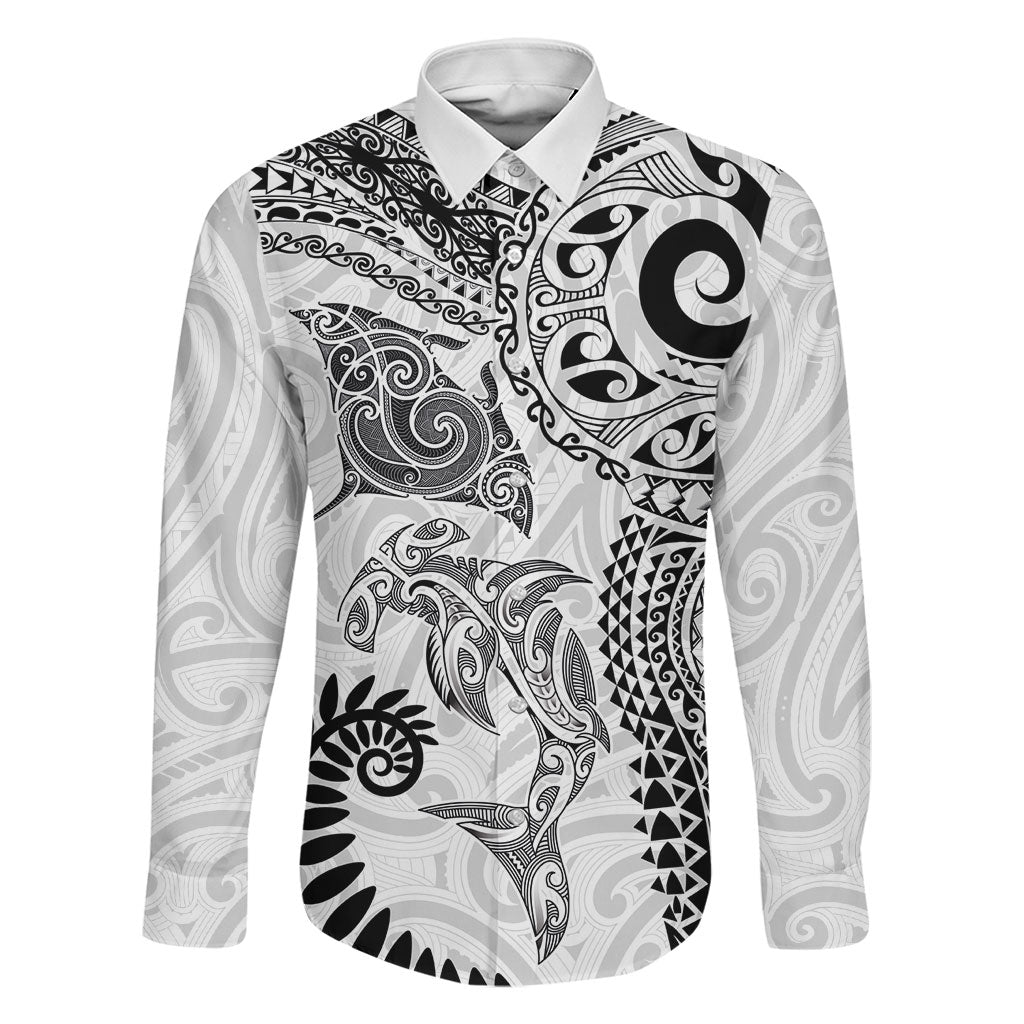 Aotearoa Maori Sea Animals Tribal Family Matching Off Shoulder Short Dress and Hawaiian Shirt Manta Ray and Shark Moko Pattern White Color LT03 Dad's Shirt - Long Sleeve White - Polynesian Pride