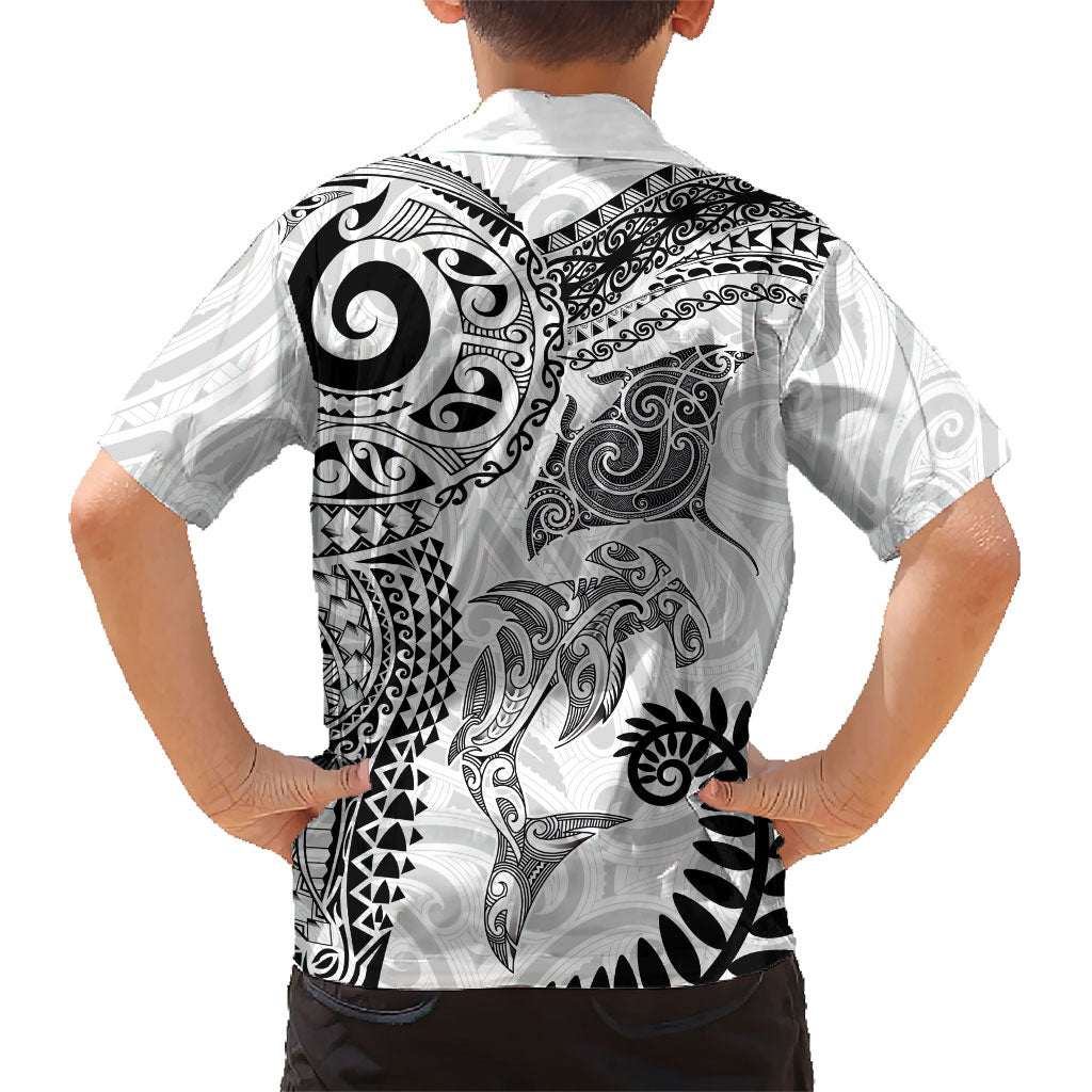 Aotearoa Maori Sea Animals Tribal Family Matching Puletasi and Hawaiian Shirt Manta Ray and Shark Moko Pattern White Color LT03 - Polynesian Pride