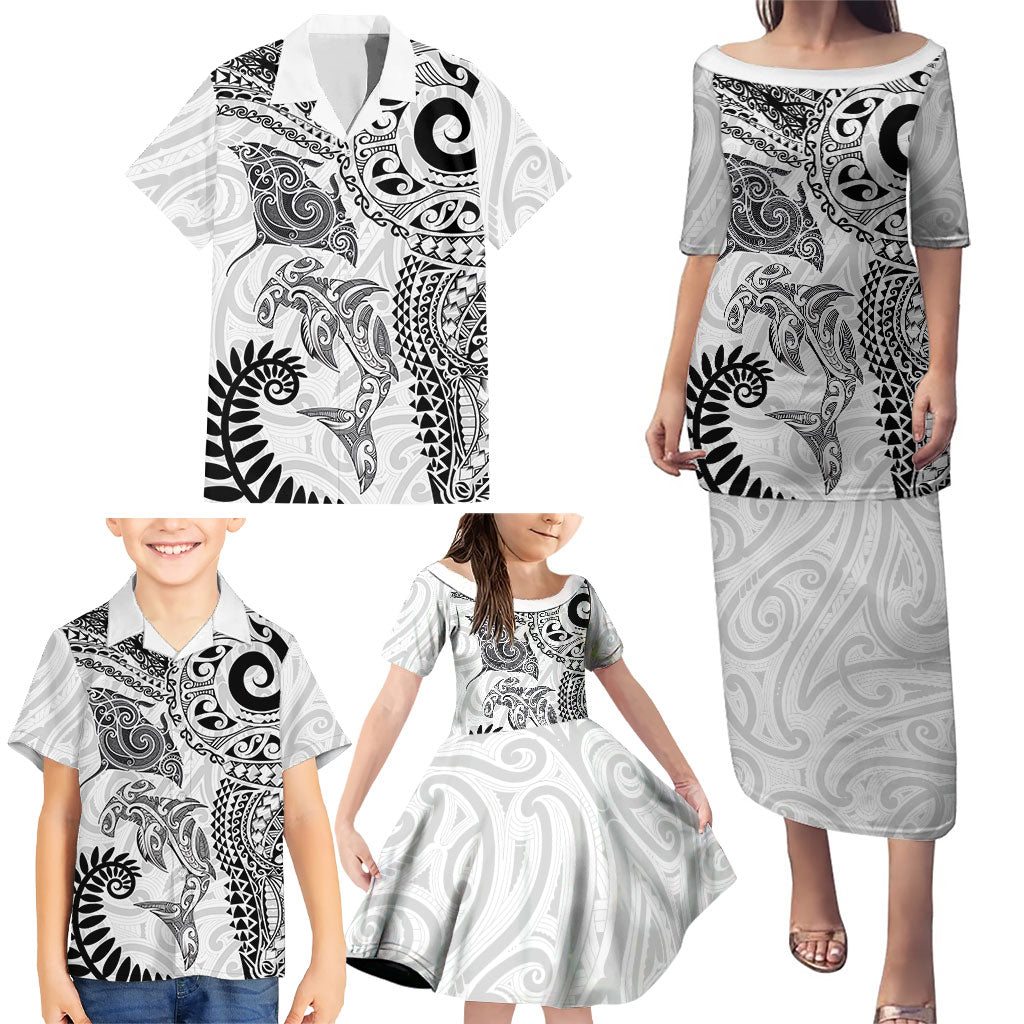 Aotearoa Maori Sea Animals Tribal Family Matching Puletasi and Hawaiian Shirt Manta Ray and Shark Moko Pattern White Color LT03 - Polynesian Pride