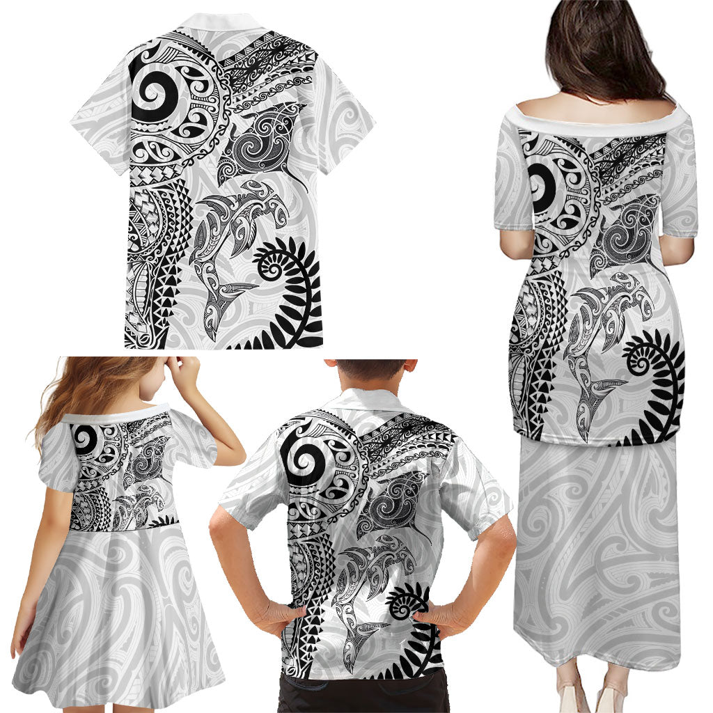 Aotearoa Maori Sea Animals Tribal Family Matching Puletasi and Hawaiian Shirt Manta Ray and Shark Moko Pattern White Color LT03 - Polynesian Pride