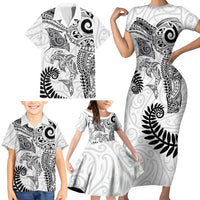 Aotearoa Maori Sea Animals Tribal Family Matching Short Sleeve Bodycon Dress and Hawaiian Shirt Manta Ray and Shark Moko Pattern White Color LT03 - Polynesian Pride