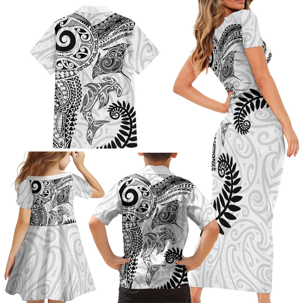 Aotearoa Maori Sea Animals Tribal Family Matching Short Sleeve Bodycon Dress and Hawaiian Shirt Manta Ray and Shark Moko Pattern White Color LT03 - Polynesian Pride