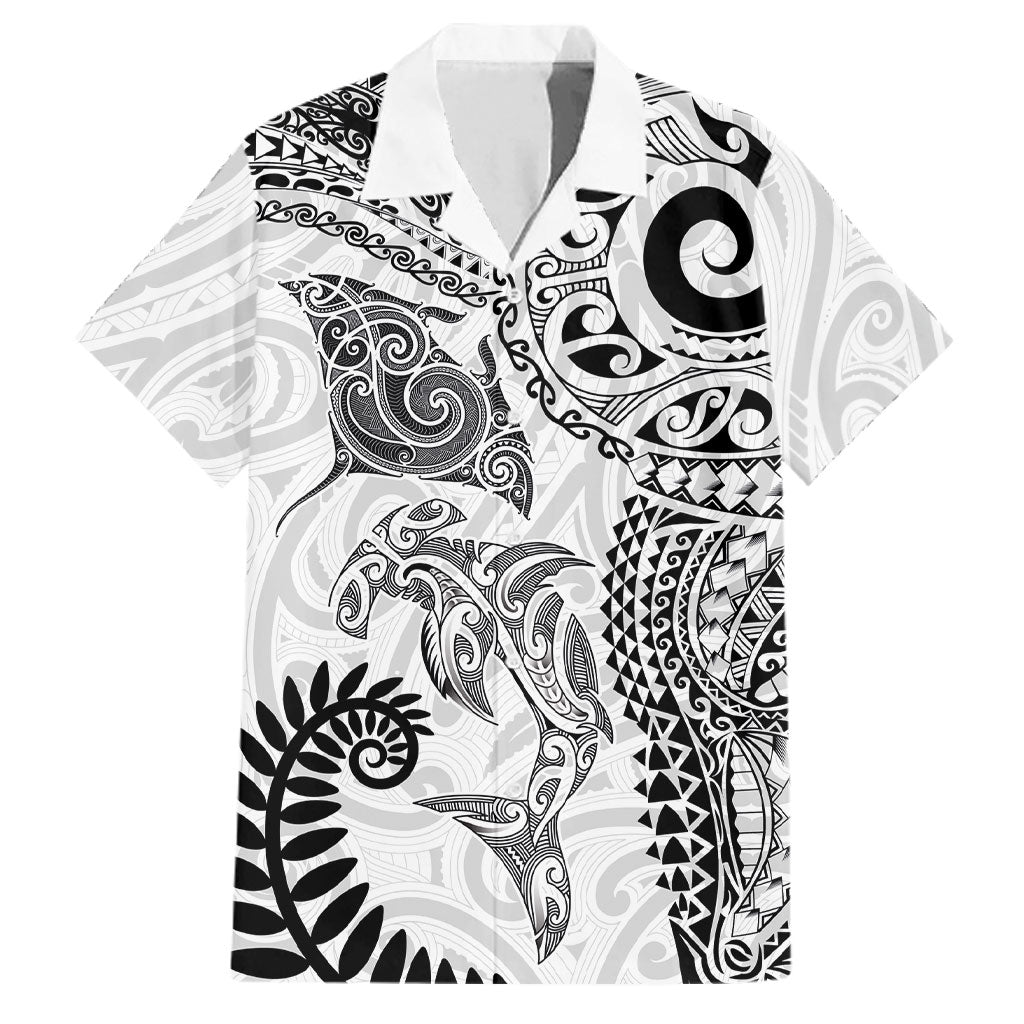 Aotearoa Maori Sea Animals Tribal Family Matching Tank Maxi Dress and Hawaiian Shirt Manta Ray and Shark Moko Pattern White Color LT03 Dad's Shirt - Short Sleeve White - Polynesian Pride