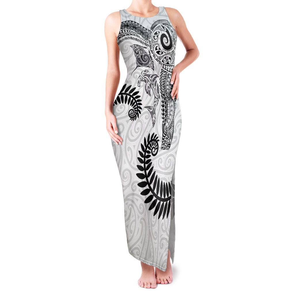 Aotearoa Maori Sea Animals Tribal Family Matching Tank Maxi Dress and Hawaiian Shirt Manta Ray and Shark Moko Pattern White Color LT03 Mom's Dress White - Polynesian Pride