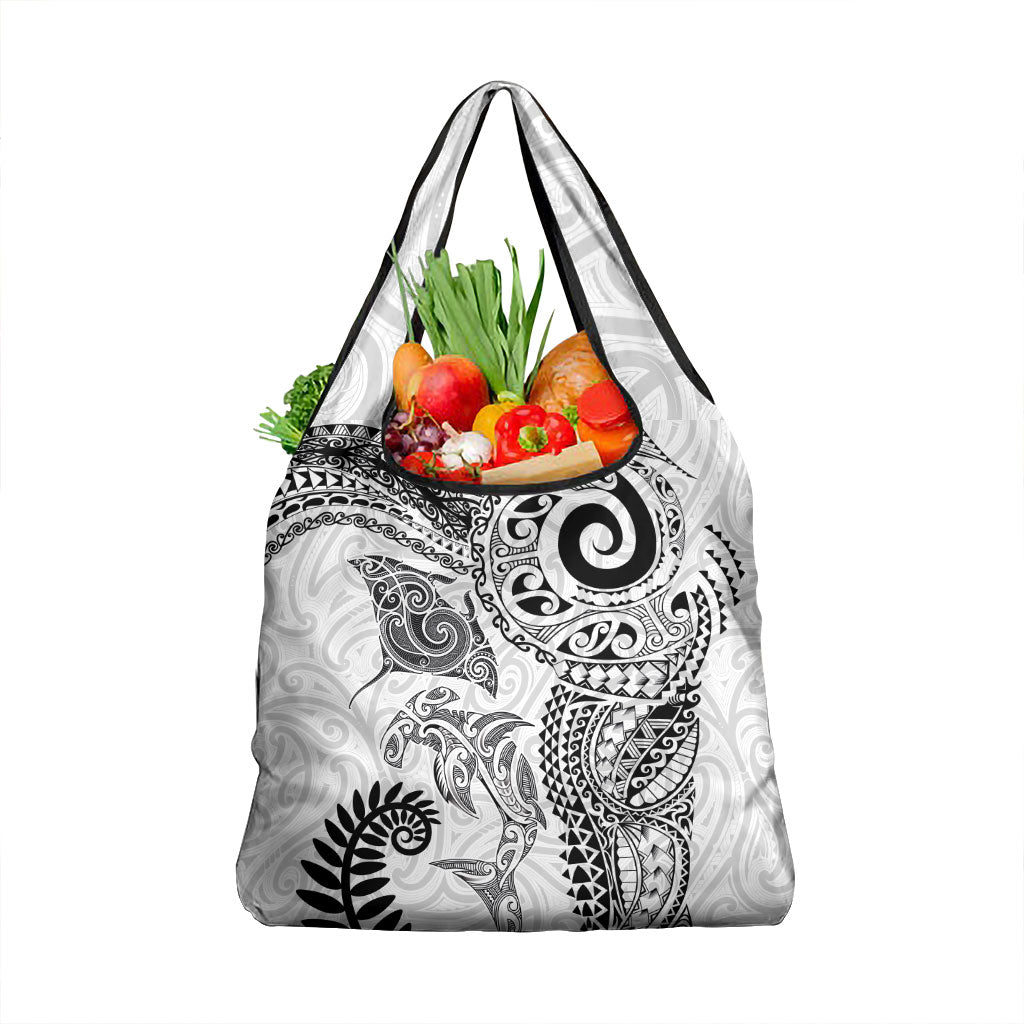 Aotearoa Maori Sea Animals Tribal Grocery Bag Manta Ray and Shark Moko Pattern White Color