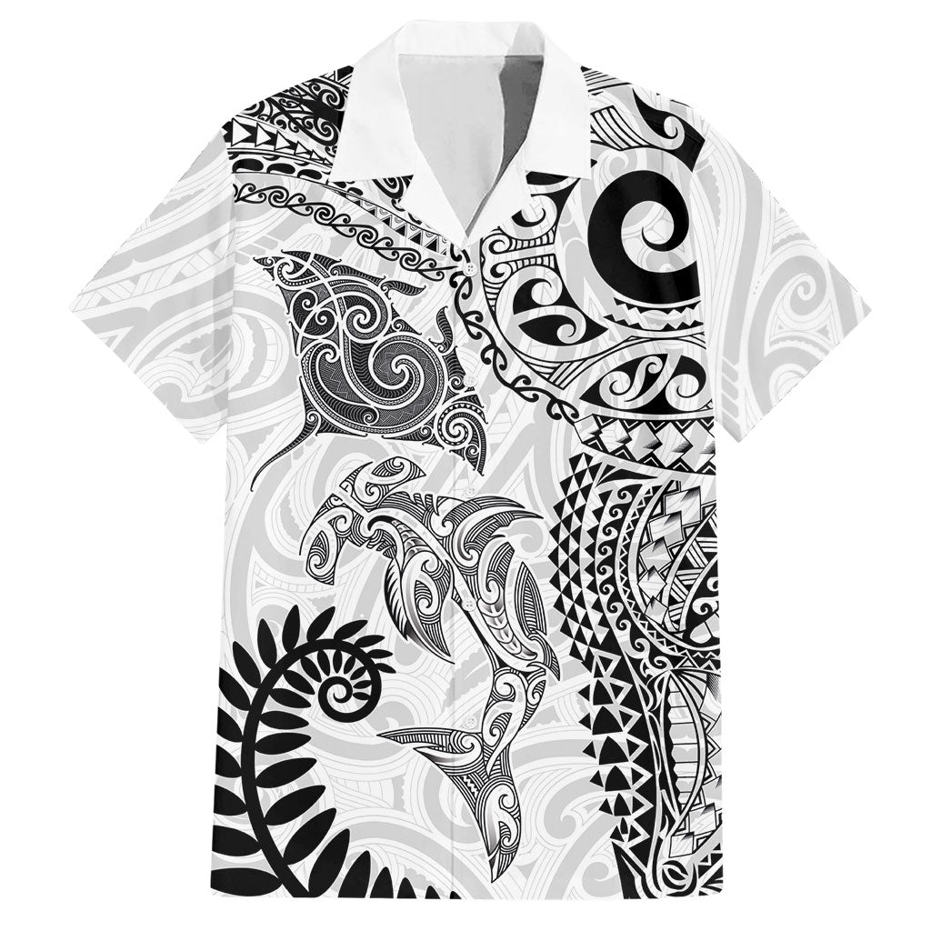 Aotearoa Maori Sea Animals Tribal Hawaiian Shirt Manta Ray and Shark Moko Pattern White Color LT03 White - Polynesian Pride