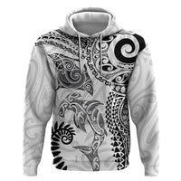 Aotearoa Maori Sea Animals Tribal Hoodie Manta Ray and Shark Moko Pattern White Color LT03 Pullover Hoodie White - Polynesian Pride