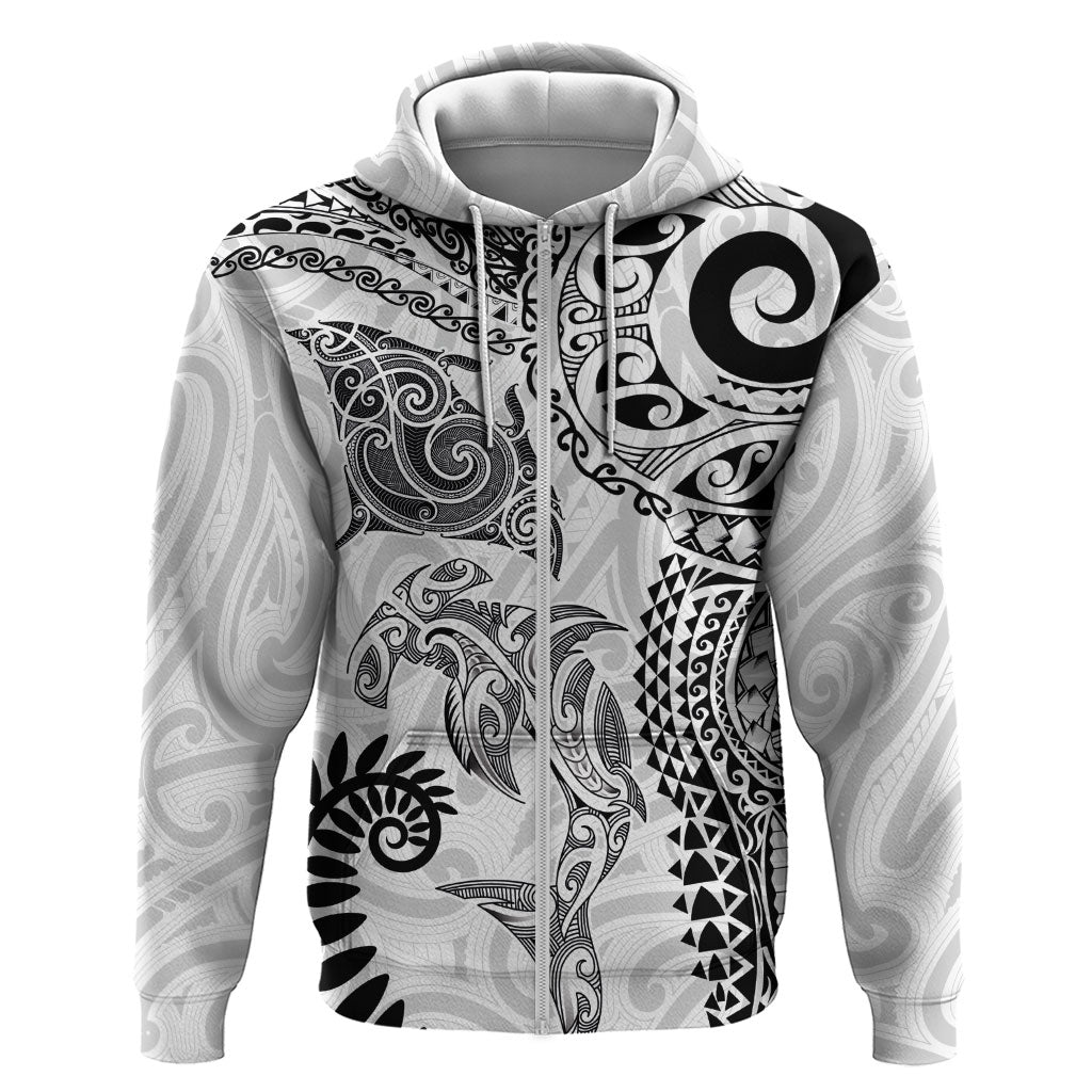 Aotearoa Maori Sea Animals Tribal Hoodie Manta Ray and Shark Moko Pattern White Color LT03 Zip Hoodie White - Polynesian Pride