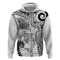 Aotearoa Maori Sea Animals Tribal Hoodie Manta Ray and Shark Moko Pattern White Color LT03 Zip Hoodie White - Polynesian Pride