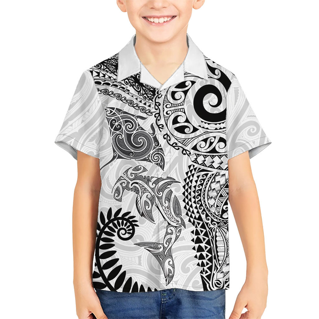 Aotearoa Maori Sea Animals Tribal Kid Hawaiian Shirt Manta Ray and Shark Moko Pattern White Color