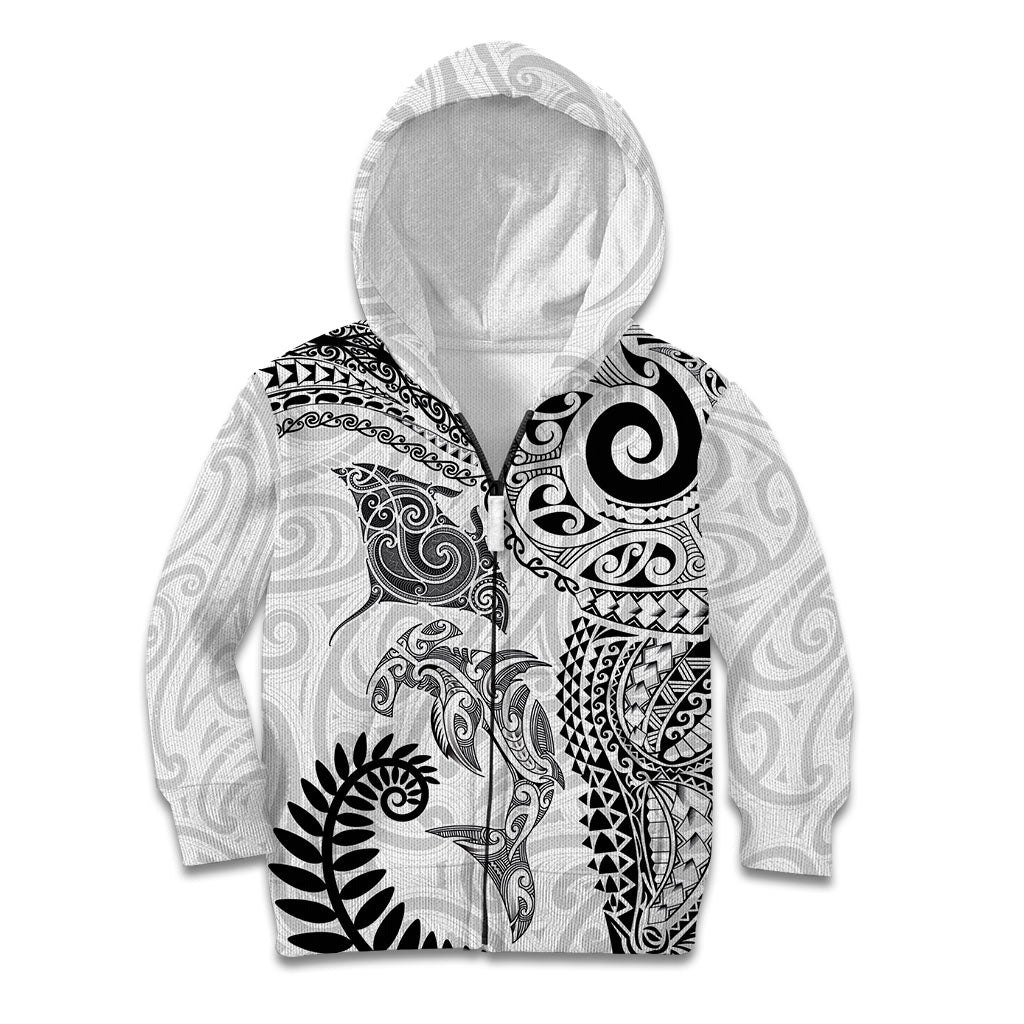 Aotearoa Maori Sea Animals Tribal Kid Hoodie Manta Ray and Shark Moko Pattern White Color LT03 Zip Hoodie White - Polynesian Pride