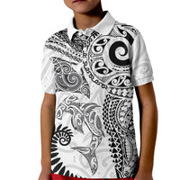 Aotearoa Maori Sea Animals Tribal Kid Polo Shirt Manta Ray and Shark Moko Pattern White Color LT03 Kid White - Polynesian Pride