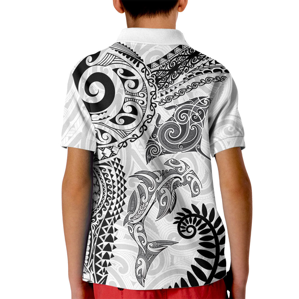 Aotearoa Maori Sea Animals Tribal Kid Polo Shirt Manta Ray and Shark Moko Pattern White Color LT03 - Polynesian Pride