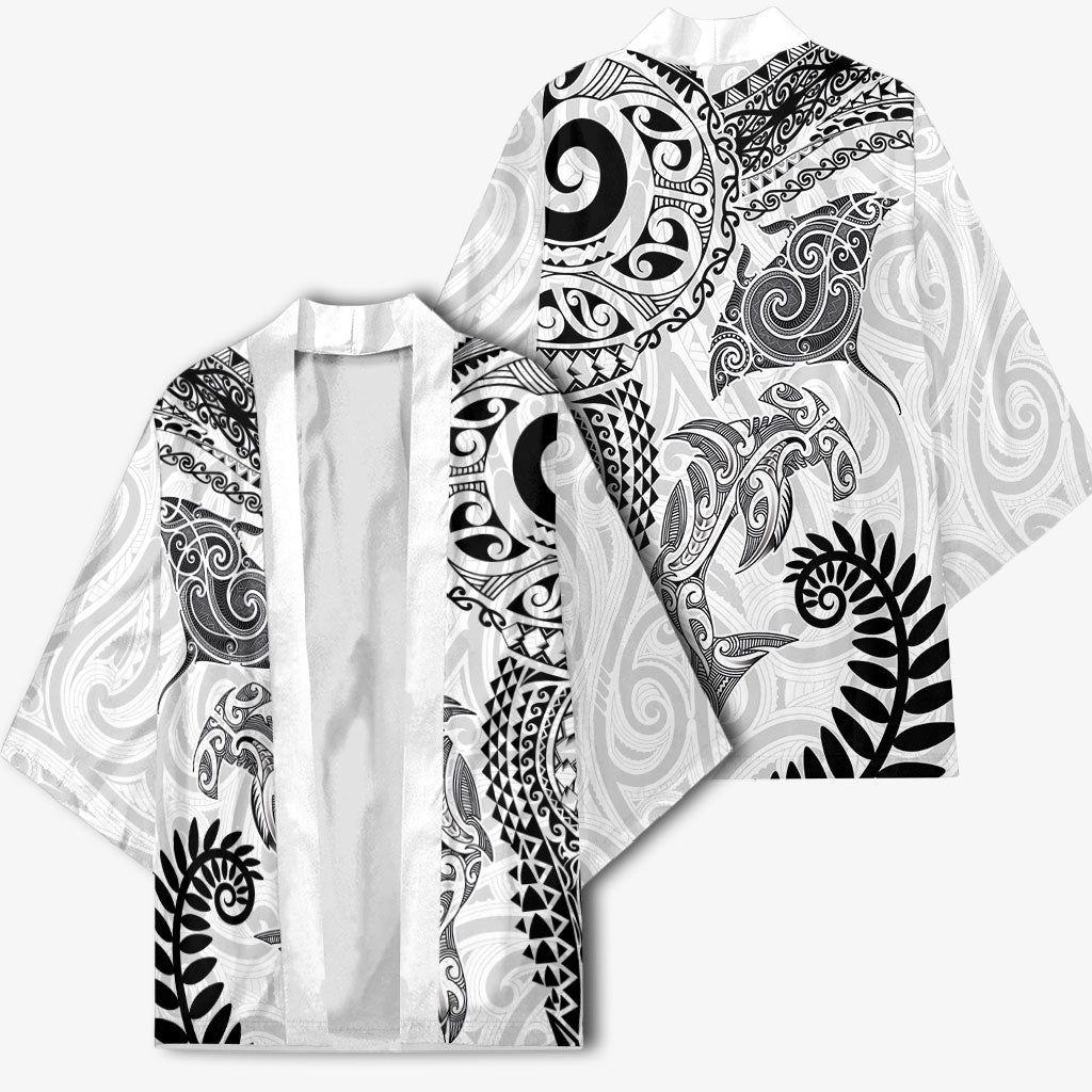 Aotearoa Maori Sea Animals Tribal Kimono Manta Ray and Shark Moko Pattern White Color