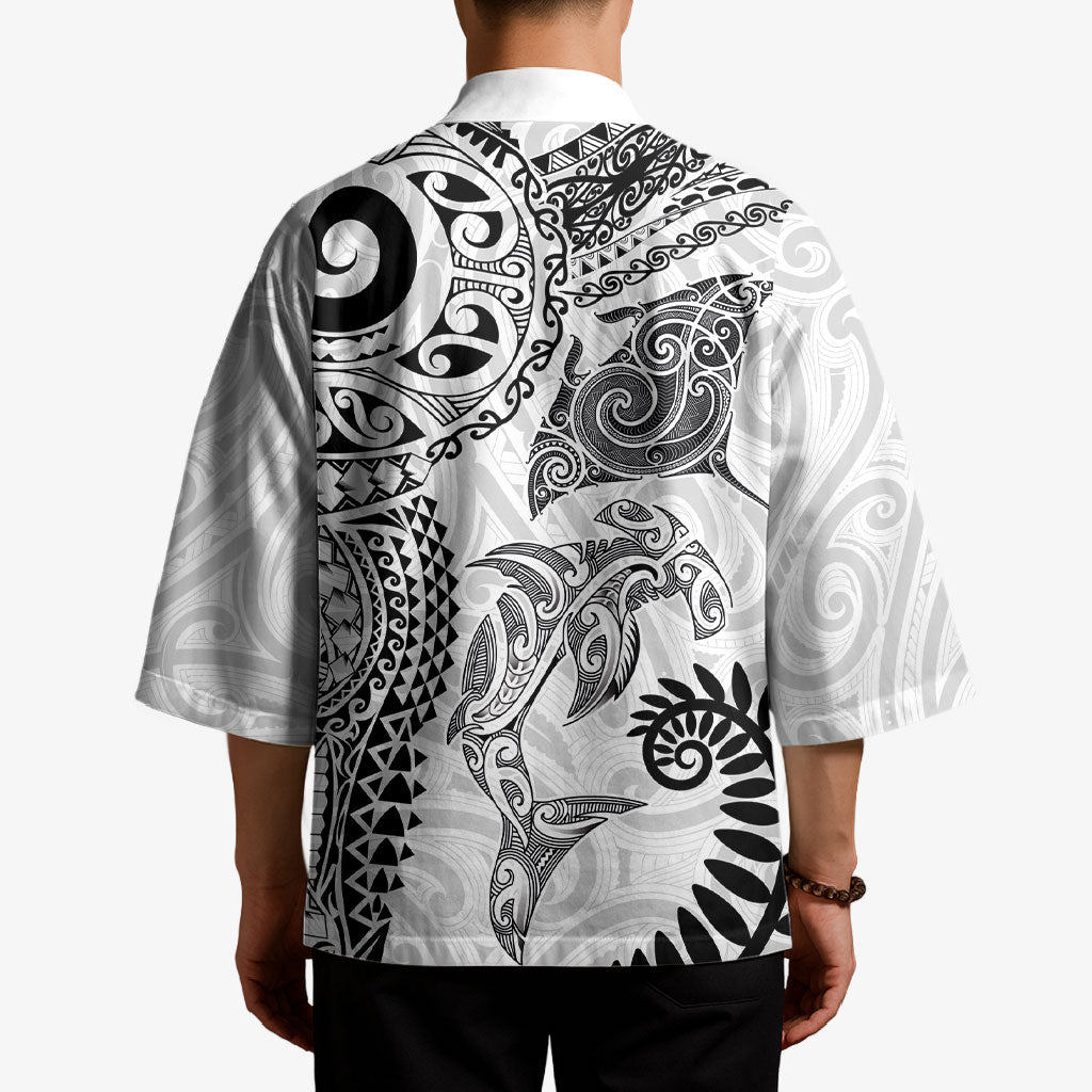 Aotearoa Maori Sea Animals Tribal Kimono Manta Ray and Shark Moko Pattern White Color