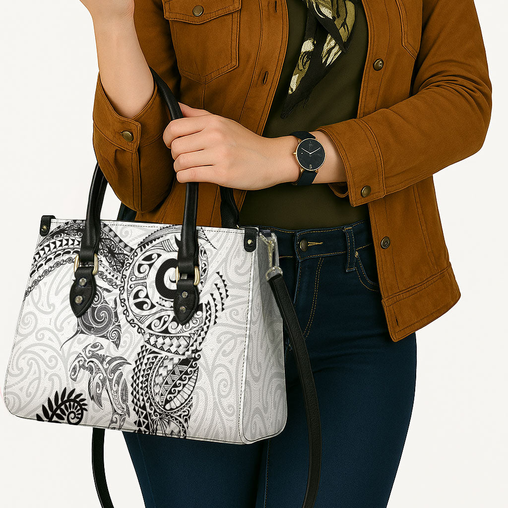 Aotearoa Maori Sea Animals Tribal Leather Bag Manta Ray and Shark Moko Pattern White Color