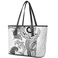 Aotearoa Maori Sea Animals Tribal Leather Tote Bag Manta Ray and Shark Moko Pattern White Color