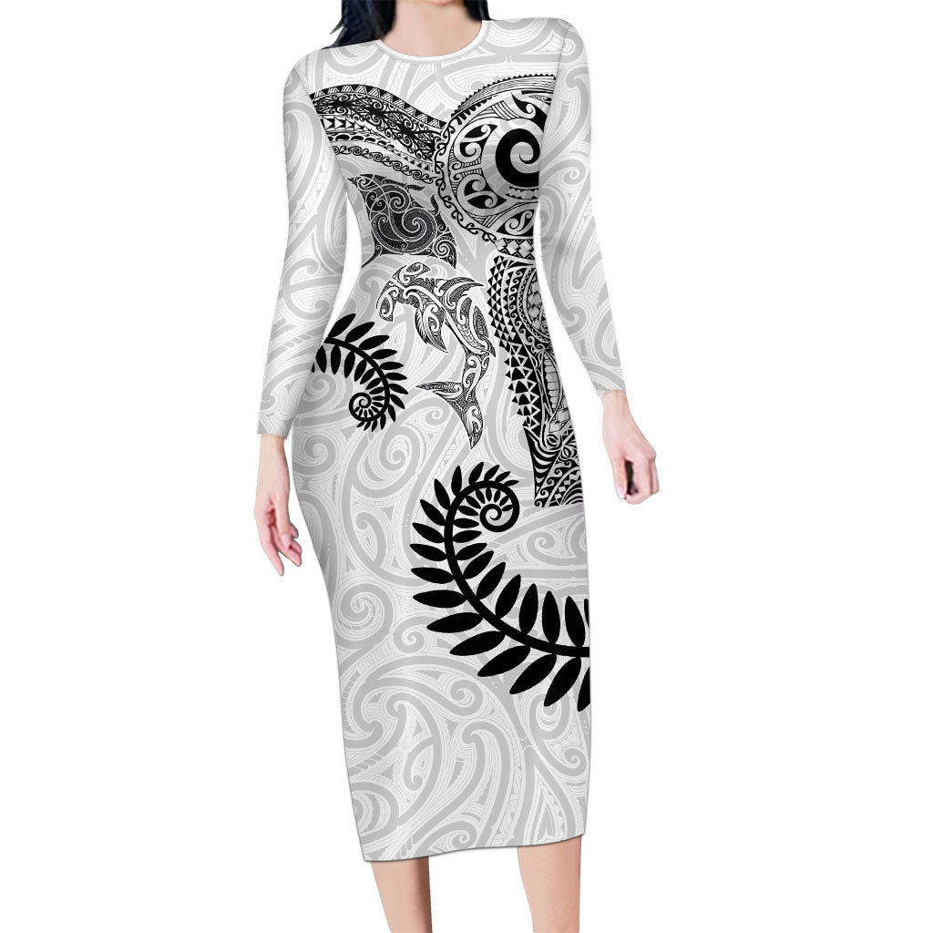 Aotearoa Maori Sea Animals Tribal Long Sleeve Bodycon Dress Manta Ray and Shark Moko Pattern White Color LT03 Long Dress White - Polynesian Pride