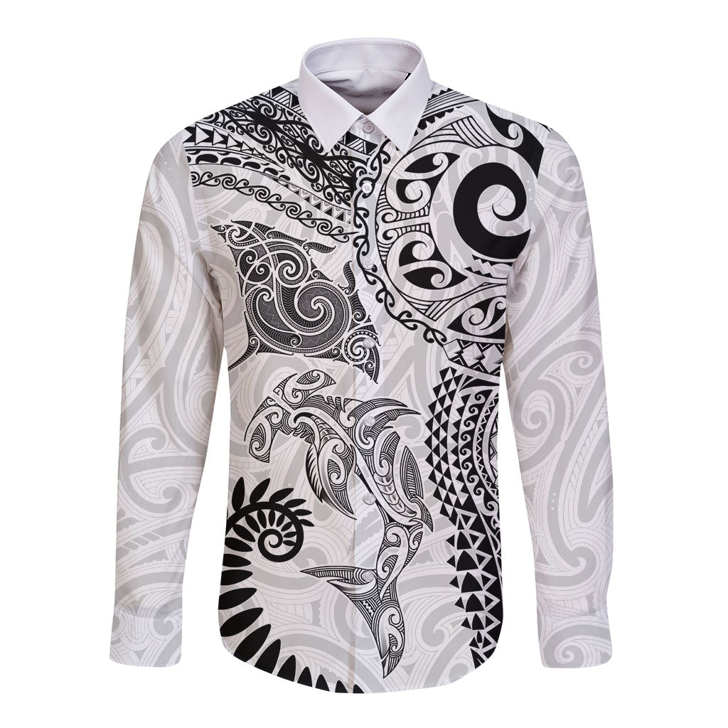 Aotearoa Maori Sea Animals Tribal Long Sleeve Button Shirt Manta Ray and Shark Moko Pattern White Color